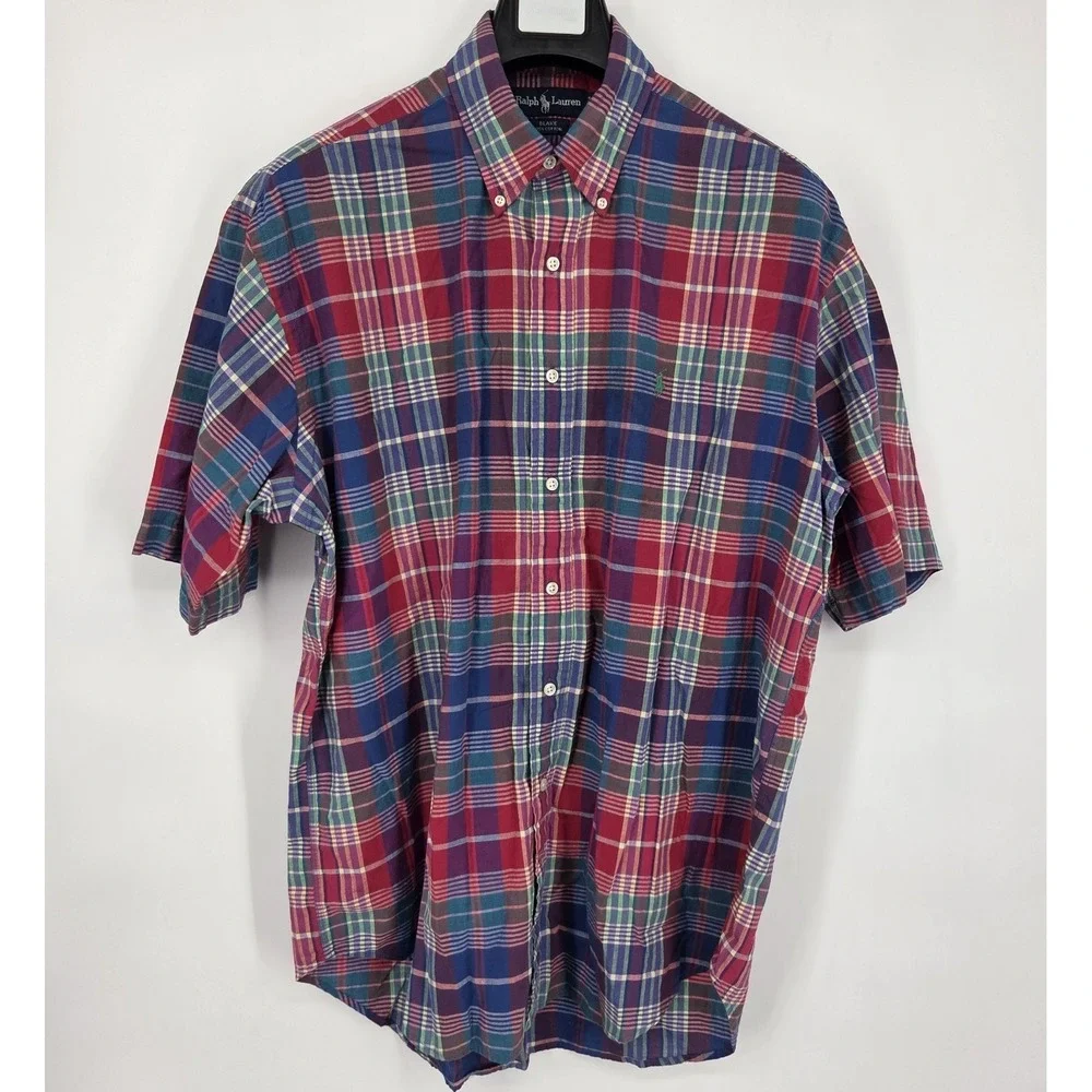 VINTAGE Polo Ralph Lauren Blake Shirt Button Down Mens Large Plaid Short Sleeve